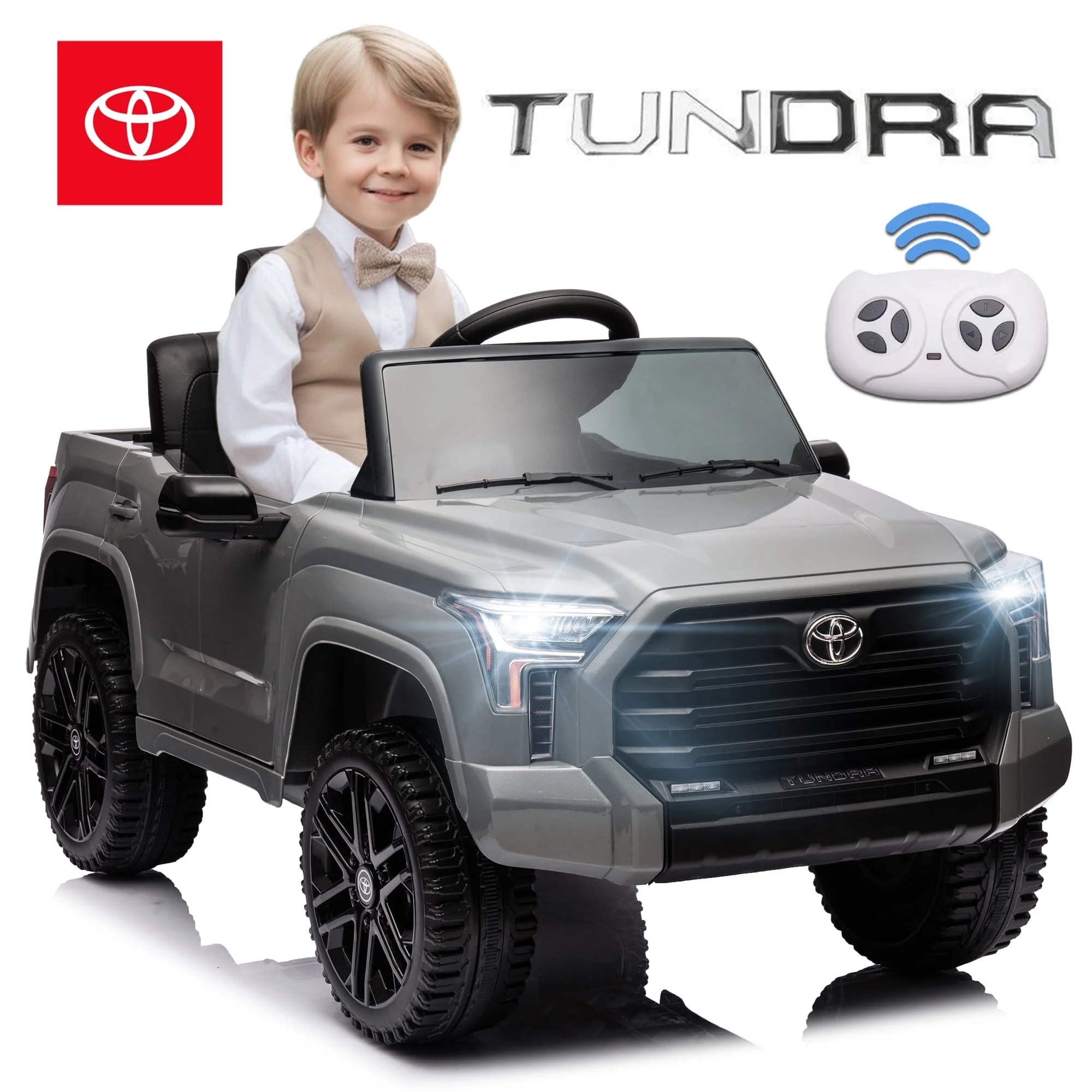 12 V Kids Ride on Car Officially Licensed Toyota Tundra Pickup, Battery Powered Toy Electric Car w/Remote Control, MP3, Bluetooth, LED Light, Ride On Toy w/3 Speeds and Suspension System, Grey
