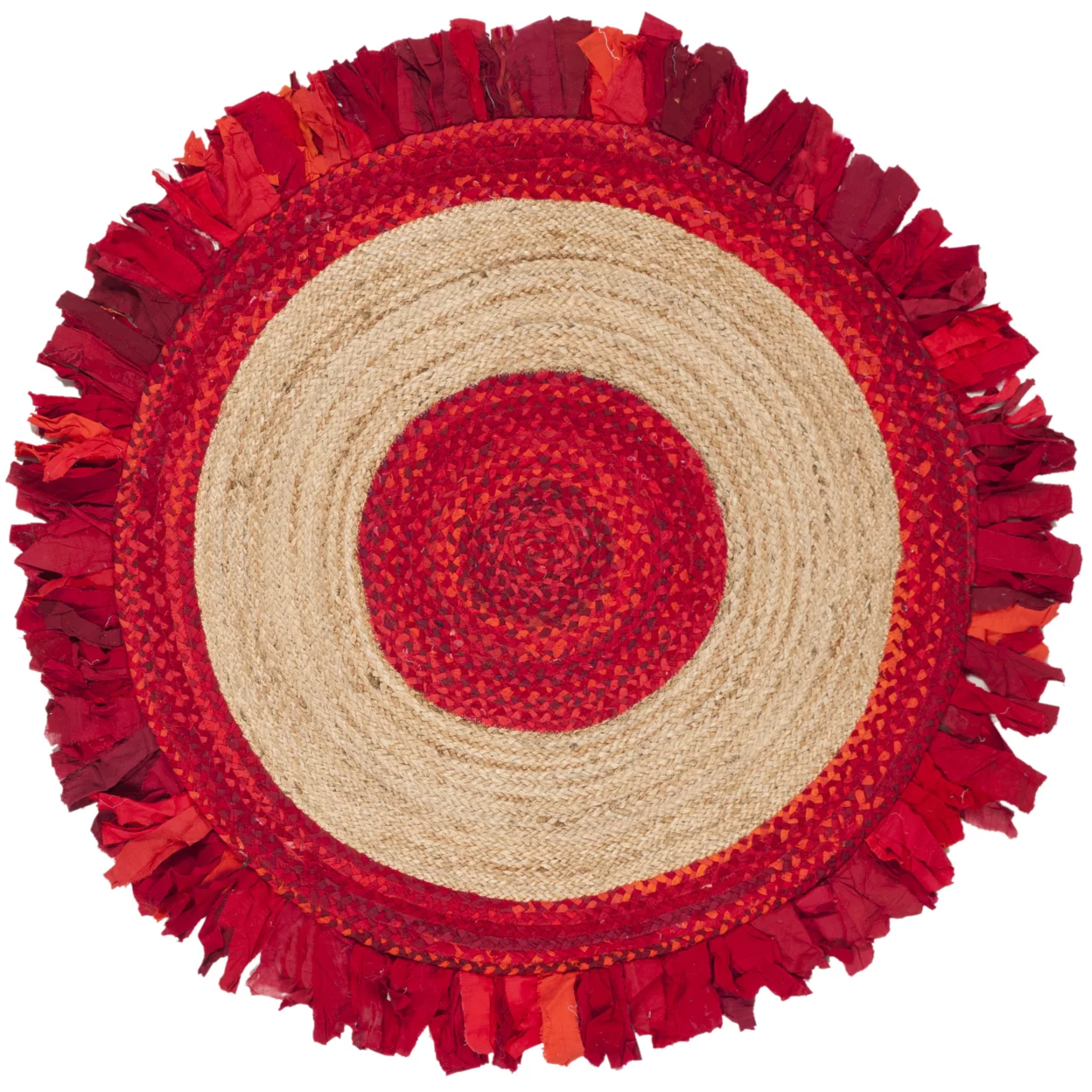 SAFAVIEH Cape Cod Susan Braided with Fringe Area Rug, 5' x 5' Round, Red/Natural