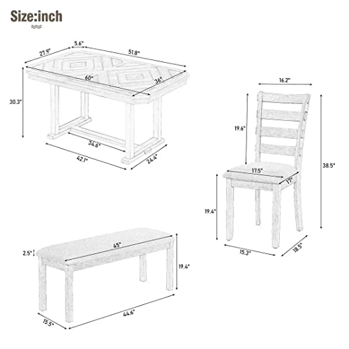 Merax 6-Piece Rubber Wood Dining Table Set with 4 Cushioned Chairs and Bench, Beautiful Grain Pattern Tabletop, Light Gray