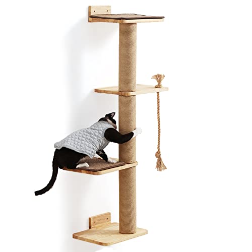 FUKUMARU Cat Scratching Activity Tree Wall Mounted, 50 Inch Cats Scratch Post, with Kitten Bed, Rubber Wood Scratcher Posts, Large