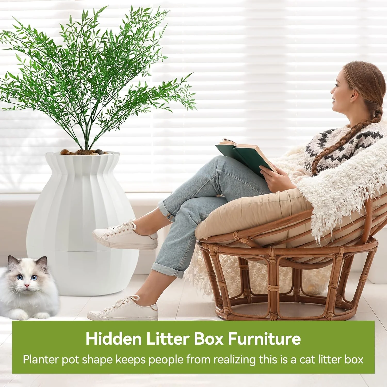 Petterm Hidden Litter Box Enclosed Plant Litter Box with Odor Removal & Sterilization System, Large Cat Litter Box Furniture with Reusable Leak Proof Liner and Scoop, White