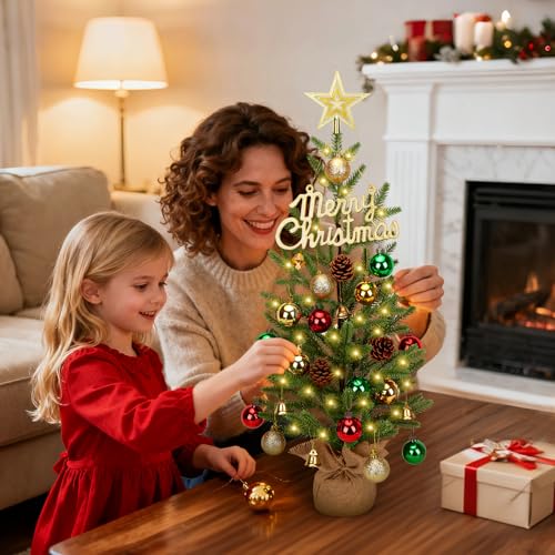 2FT Mini Christmas Tree with 30 LED Lights & 26 Ornaments,24-inch Tabletop Christmas Tree with Timer Memory Function, PE Branch Tips & Sturdy Cement Base,Small Xmas Tree for Holiday,Home,Office Decor