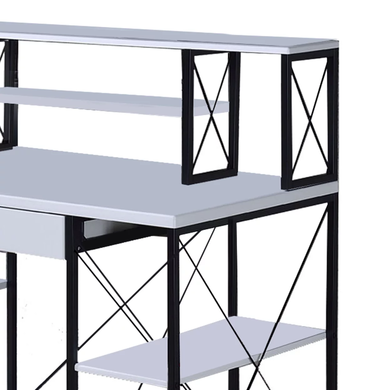 Industrial Style Desk with 4 Open Selves and Bookcase Hutch, White- Saltoro Sherpi