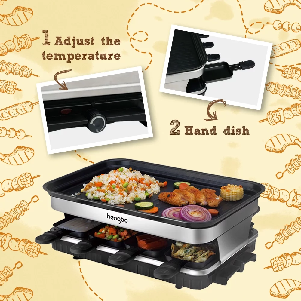 Mino Kesper 2 in 1 Electric Raclette Grill Plate W/ 8 Mini Pans BBQ, 1500W