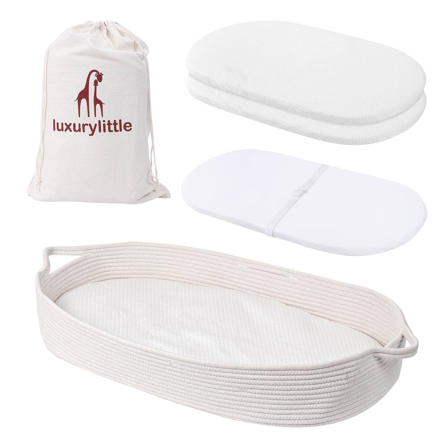 Luxury Little Baby Changing Moses Basket with Memory Foam Mattress, Waterproof Changing Pad Covers, Boho Changing Station for Nursery Decor, 100% Cotton Rope, Portable Baby Lounger