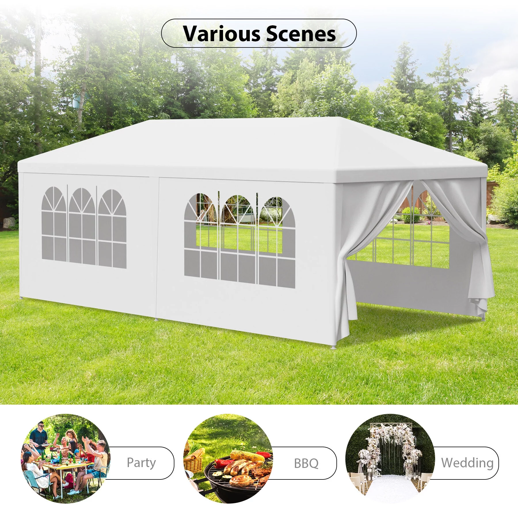 HomGarden 10x20FT Outdoor Gazebo Canopy Wedding Party Tent  W/ 6 Removable Walls, 10' W, White