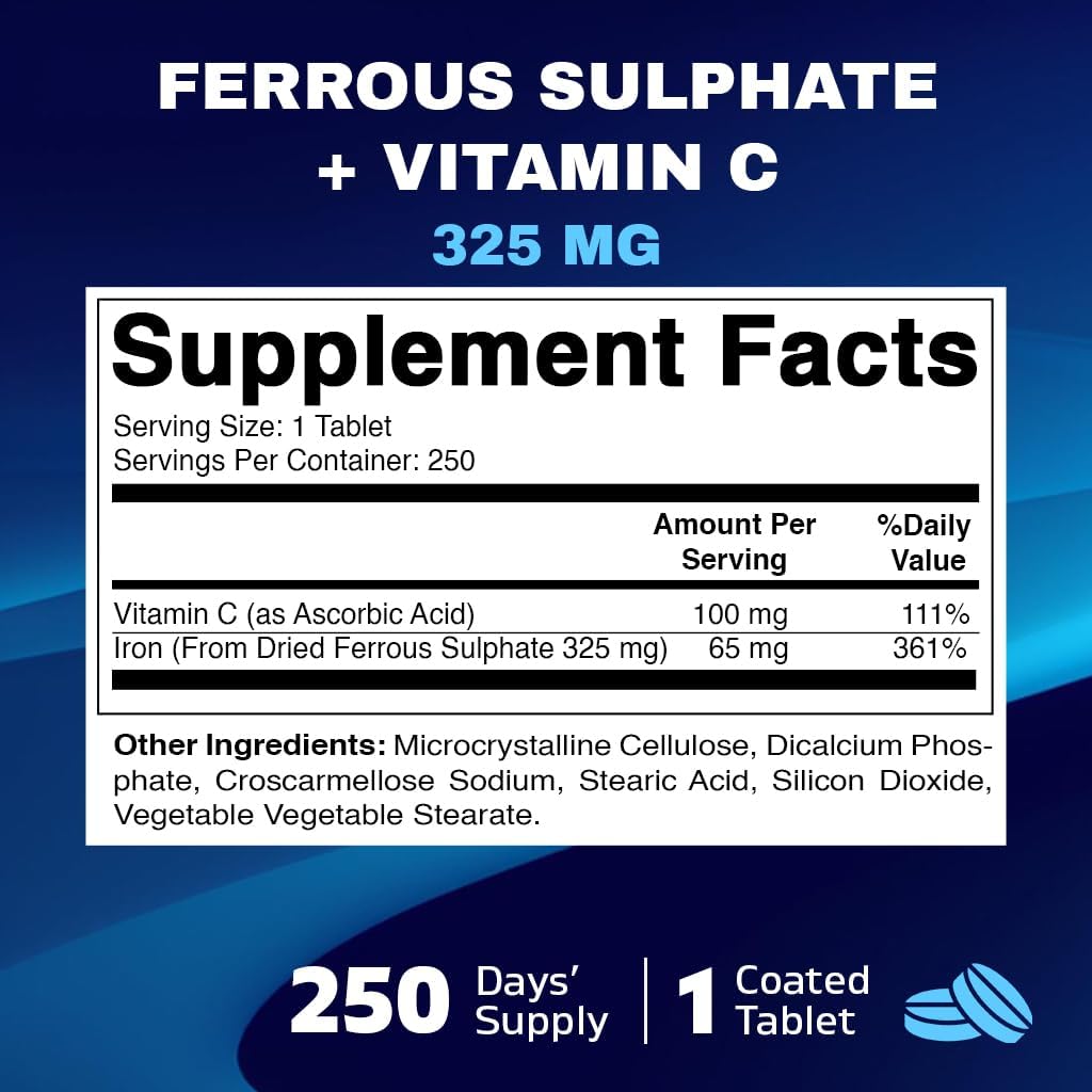 Vitamatic Ferrous Sulphate 325 mg + Vitamin C 100 mg - (65 mg Elemental Iron) High Potency Iron Supplement | No Artificial Color Additives - 250 Coated Tablets - Made in USA