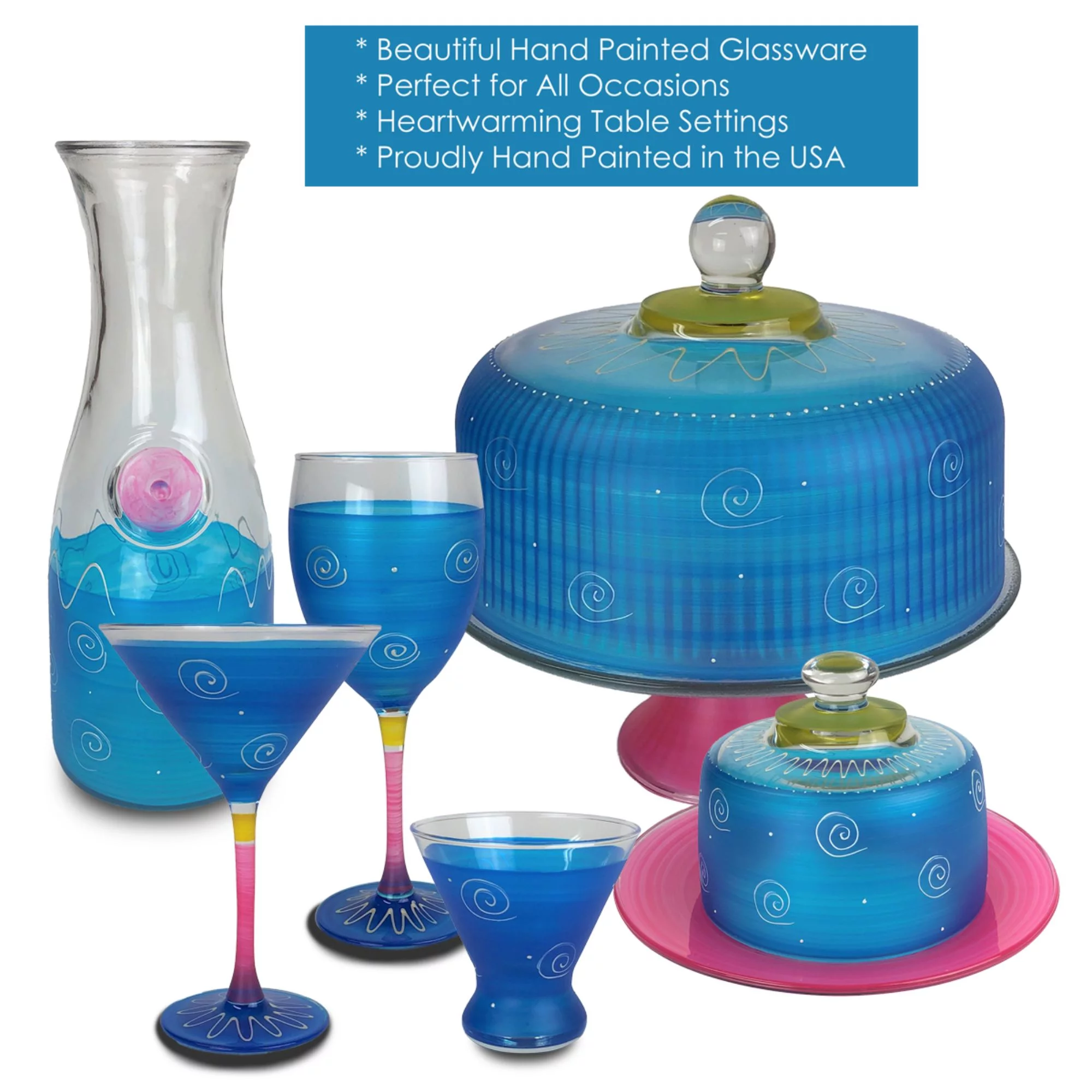 Crafted Creations Set of 2 Turquoise and Yellow Hand Painted Wine Drinking Glasses 10.5 oz.