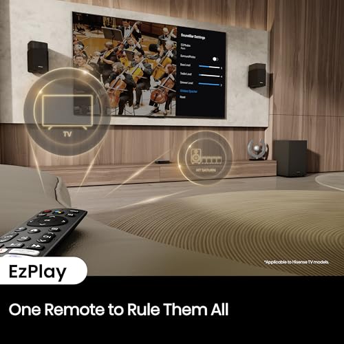 Hisense HT Saturn 4.1.2Ch Sound Bar with Wireless Subwoofer, Dolby Atmos, DTS:X, Bluetooth 5.3, EzPlay, 4K HDMI Pass Through, Roku TV Ready, HDMI/AUX/ARC/Optical/USB, 5 EQ Modes, Hi Concerto