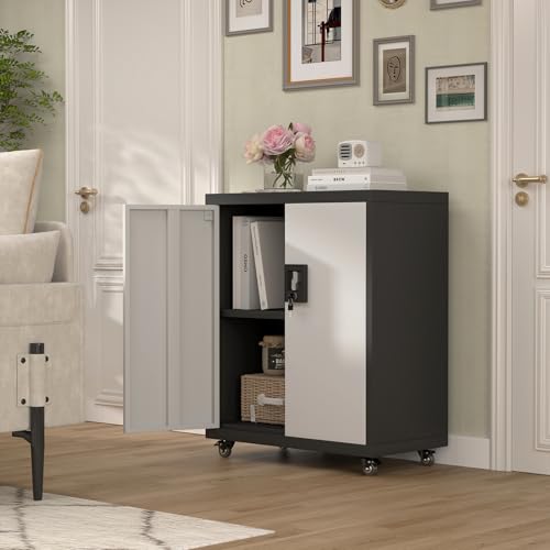 Metal Wall Cabinet,Lockable Storage Cabinets Wall Mounted with Handle,Garage Wall Cabinets with 2 Doors,Locking Cabinet with Shelves for Basement,Living Home,Black