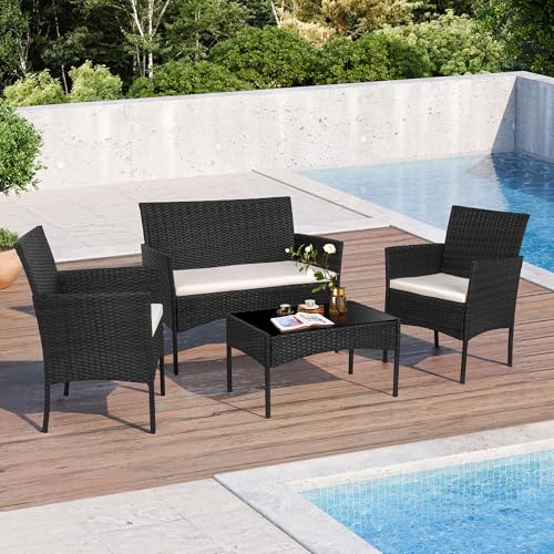 Shintenchi 4 Piece Outdoor Patio Furniture Sets, Small Wicker Patio Conversation Furniture Rattan Chair Set with Tempered Glass Coffee Table for Backyard Porch Garden Poolside Balcony