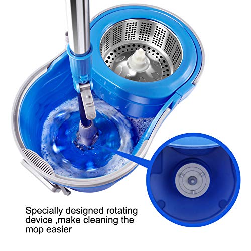 MASTERTOP Mop Bucket with Wringer Set - Floor Mop, Spin Mop with 2 Wheel Easy Move, Stainless Steel Longe Mop Handle, 5 Microfiber Replacement Head Refills, 1 Floor Brush Mop Head