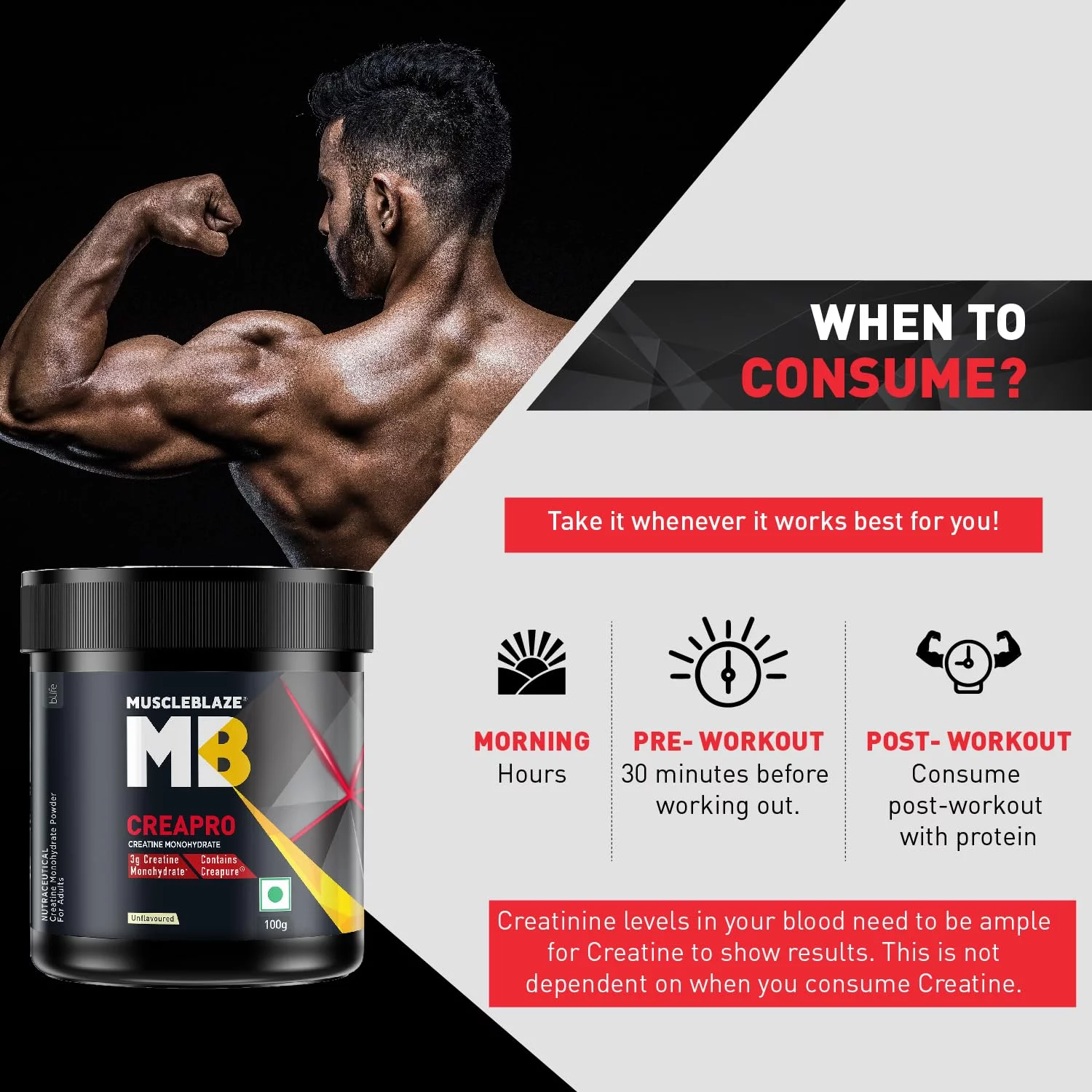 MuscleBlaze CreaPRO Creatine with Creapure® Powder from Germany, Pack of 100 gms, Unflavoured