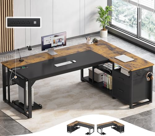 71 in Executive Desk with Power Outlets, Reversible L Shaped Desk with File Drawers & Storage Shelves, Large Office Desk Computer Desk with Pegboard, Mobile CPU Stand, Modern Corner Desk