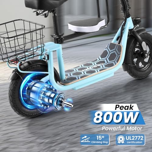 Caroma Peak 500W/800W/1200W Electric Scooter with Seat, 30 Miles Max Range Electric Scooter Adults&Teens, 48V Large Battery, 20MPH Top Speed Foldable Ebike, Adjustable E-Bike with Basket&Kid Seat