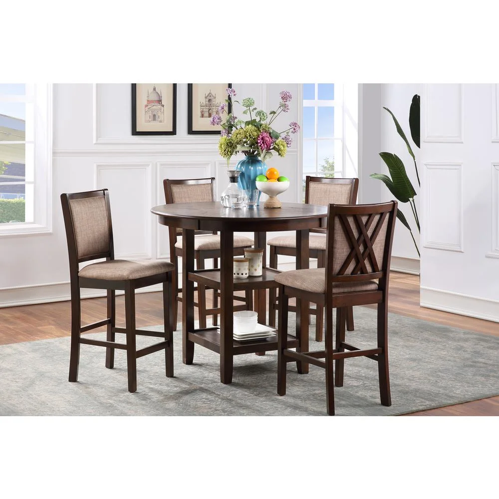 New Classic Furniture Amy 5-Piece Round Wood & Fabric Counter Set in Cherry