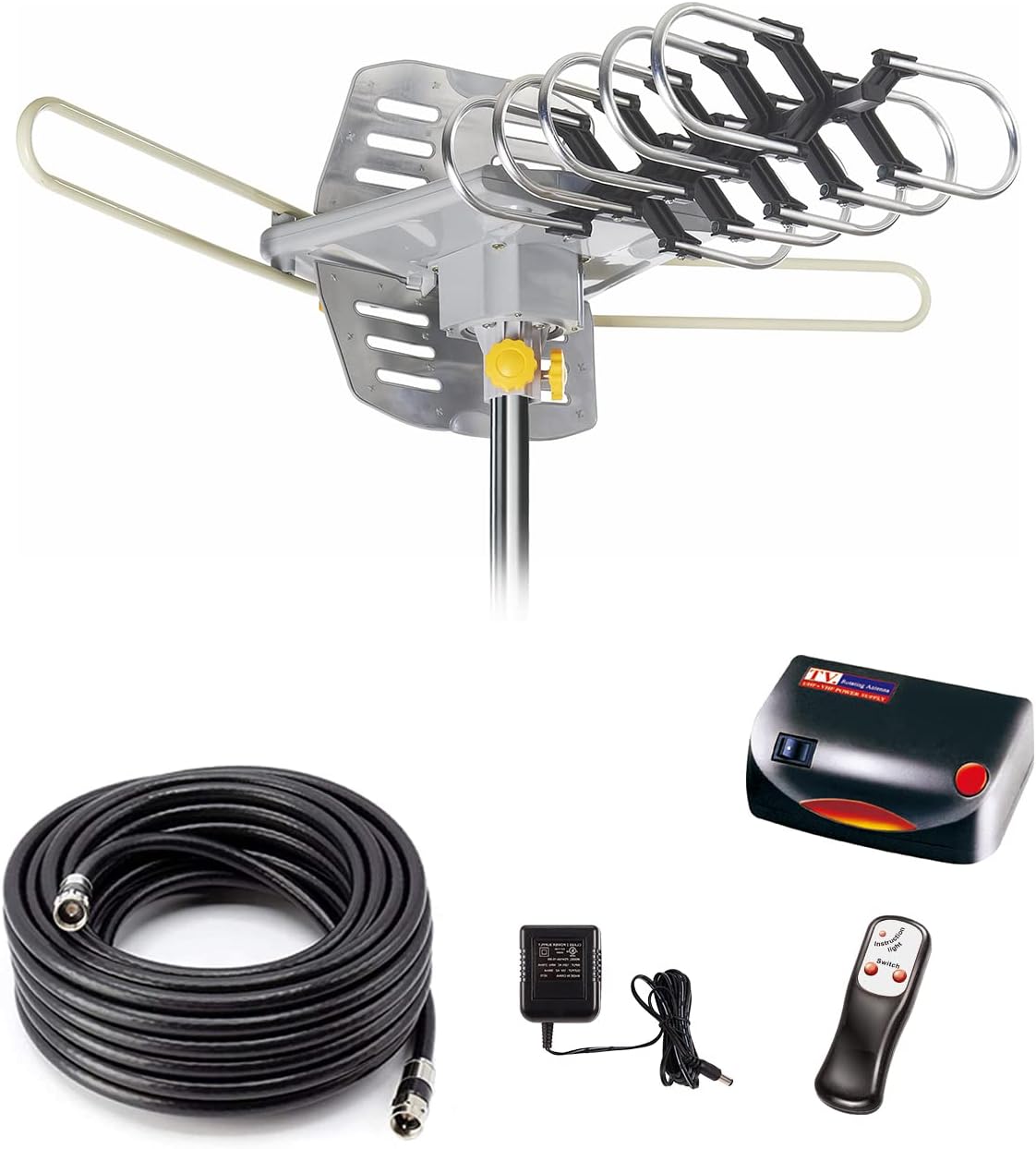 Digital Outdoor Amplified hd tv Antenna 150 Miles Range,Support 4K 1080p and 2 TVs with 40 ft Coax Cable,Adapter,without Pole