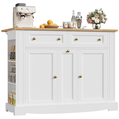 Kitchen Island with Storage, Kitchen Cart with Drop Leaf Countertop, Island Table with Open Spice Rack, 2 Drawers & Pull-Out Slim Bar Cart, White