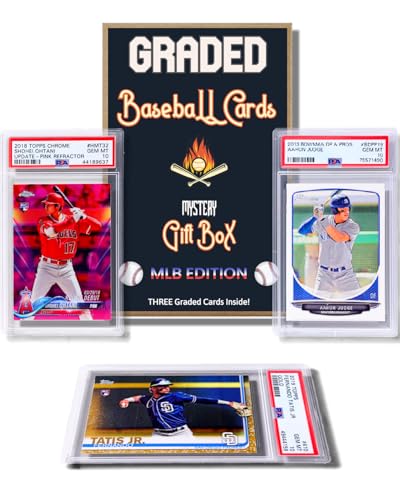 Three Graded Baseball Cards Gift Box: MLB Edition │Three Premium PSA/BGS Graded 10, 9.5 or 9 Cards │Potential Rookie Autographs & Numbered RC Refractors│Gift for Baseball Fans│by Slabs of Heat