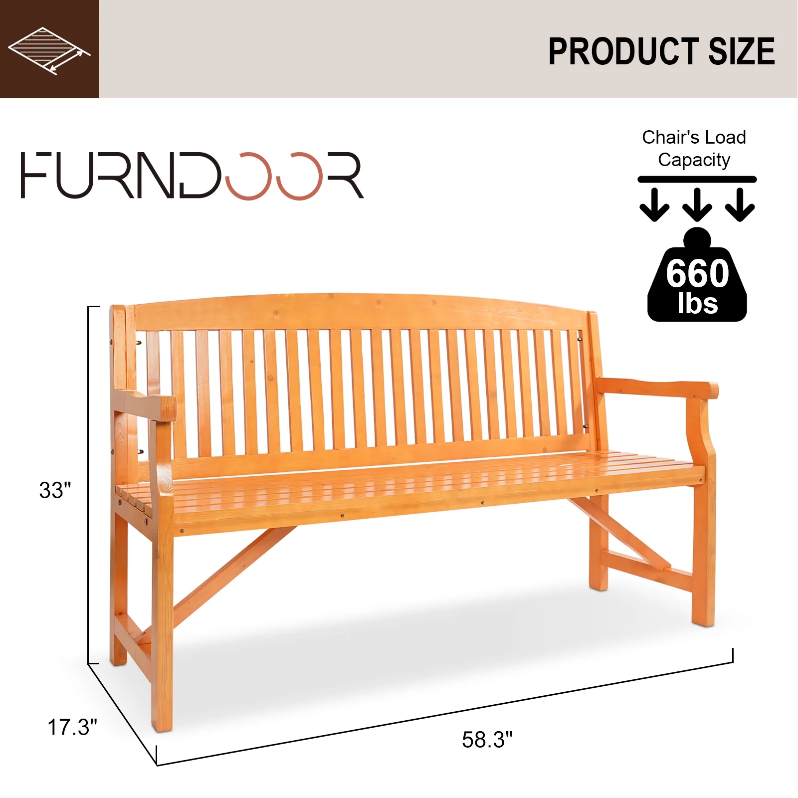 FURNDOOR Outdoor Wood Bench Patio Benches - 3 Person Wood Garden Bench Loveseats Outdoor Wood Bench Wooden Benches for Park, Porch,Yard, Orange