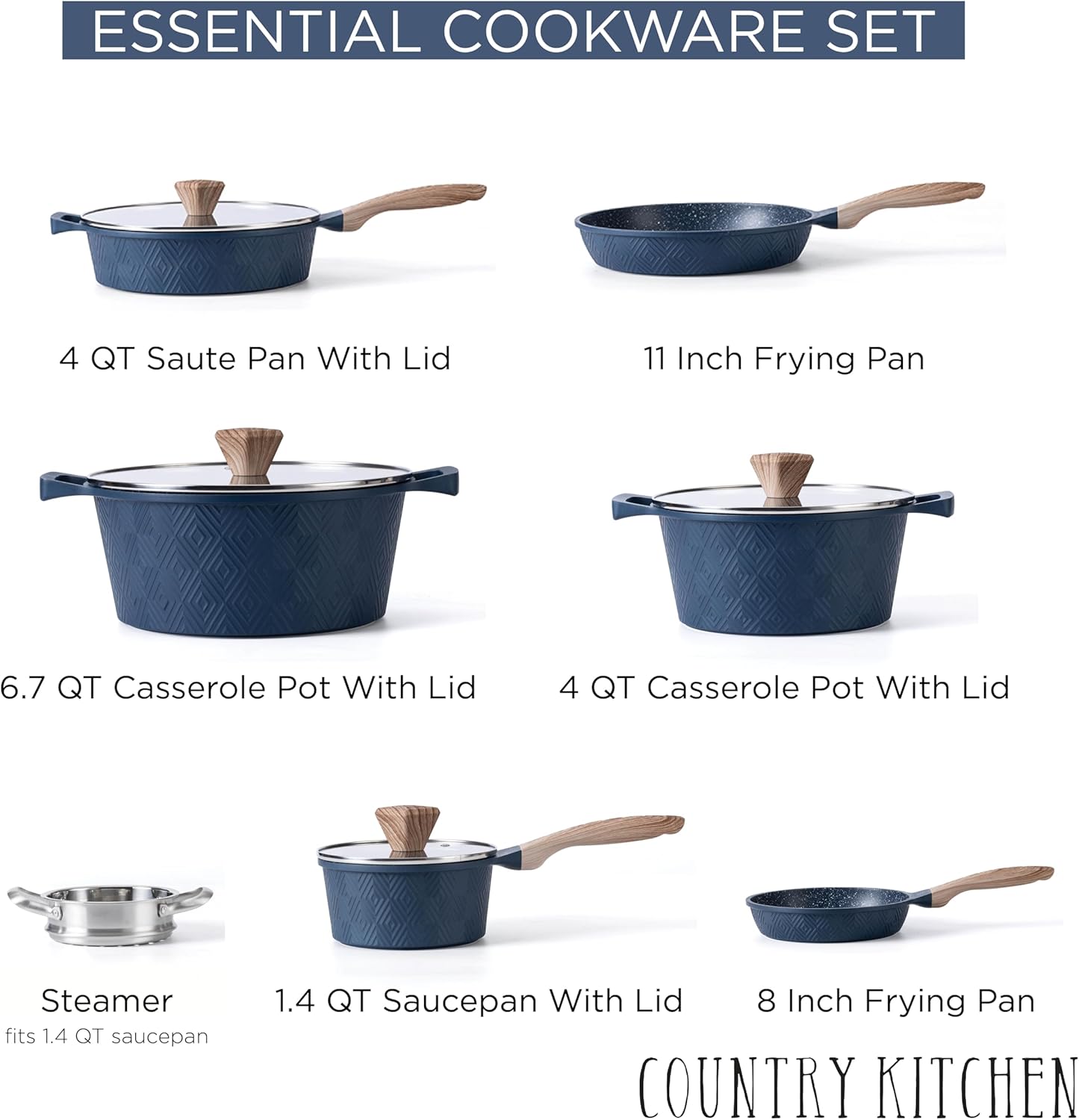 Country Kitchen Induction Cookware Sets - 13 Piece Nonstick Cast Aluminum Pots and Pans with BAKELITE Handles, Glass Lids- Rhombas Design (Navy)