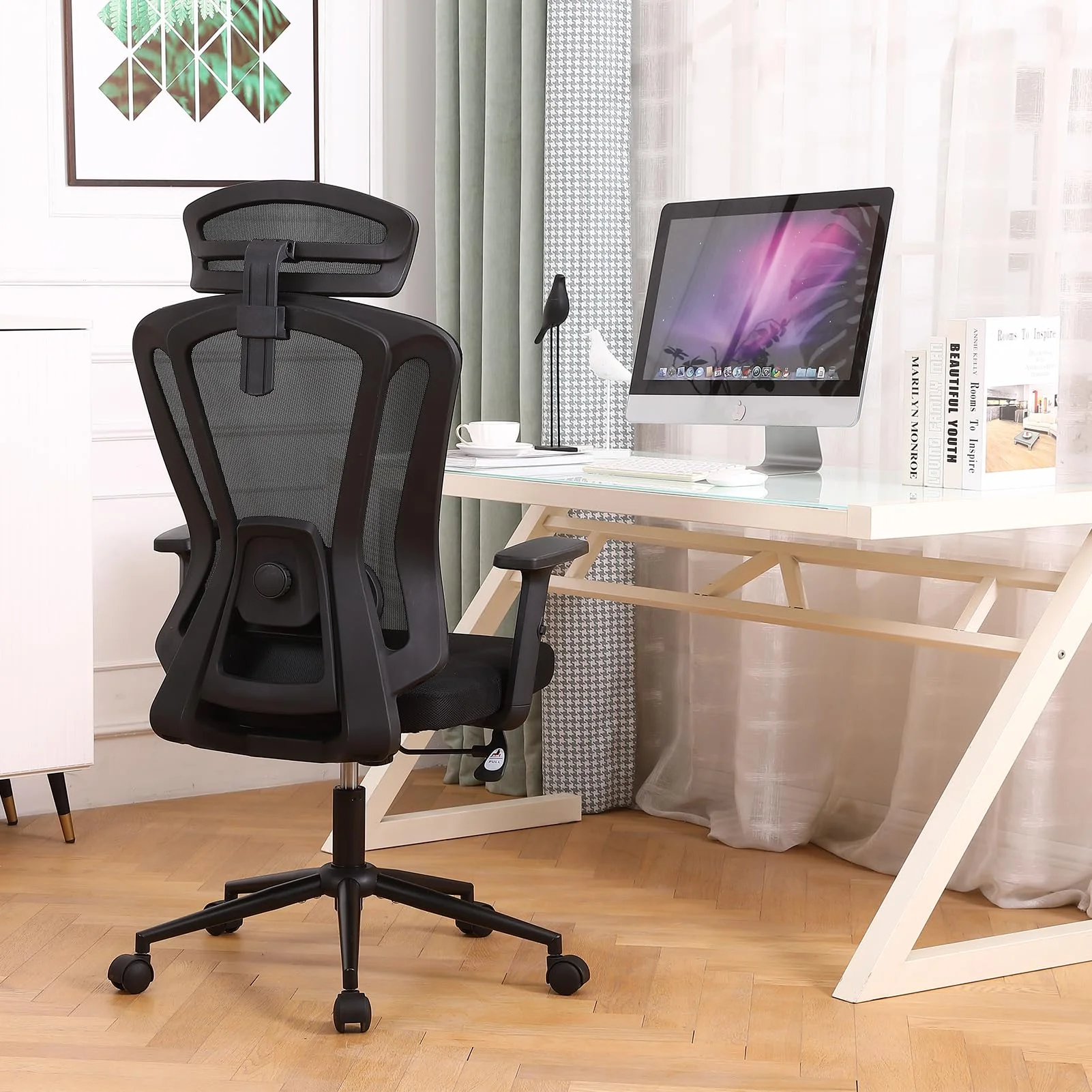 Ergonomic Home Office Chair(300lbs), High Back Desk Chair with Adjustable Lumbar Support, 2D Armrest and Headrest, Black Mesh Computer Gaming Chair with Tilt Function
