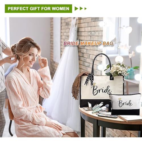 BeeGreen Mother's Day Gifts Personalized Women's Large White and Black Canvas Tote Bag, Embroidered Initials, Leather Handle, Zipper Closure