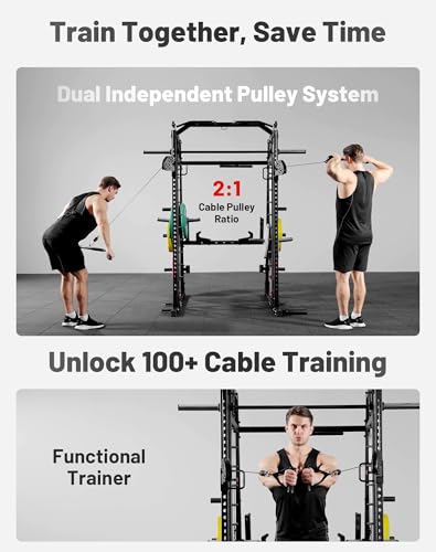 Mikolo Smith Machine, 2200lbs Squat Rack with LAT-Pull Down System & Cable Crossover Machine, Training Equipment with Leg Hold-Down Attachment