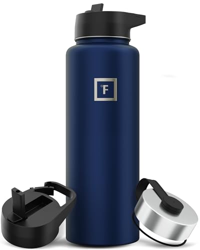 IRON °FLASK Camping & Hiking Hydration Flask with 3 Lids - Stainless Steel, Double Walled & Vacuum Insulated Water Bottle - Leak Proof & BPA Free (Midnight Black, Straw - 40 oz)