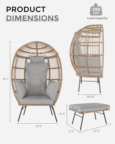 Oversize Wicker Egg Chair With Ottoman, Egg Basket Lounge Chair With Thick Cushion, Comfy Egg Rattan Seat for Indoor Outdoor Patio Porch Backyard, Grey