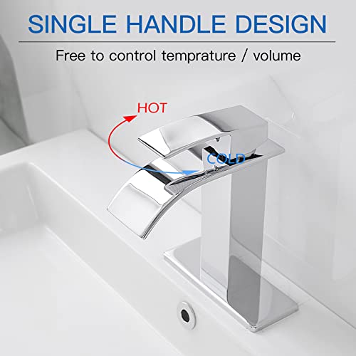 BWE Vessel Sink Faucet Modern Waterfall Chrome Single Hole Bathroom Faucet Single Handle with Pop up Drain Without Overflow Assembly Vanity Basin Bath Sink Faucets Mixer Tap