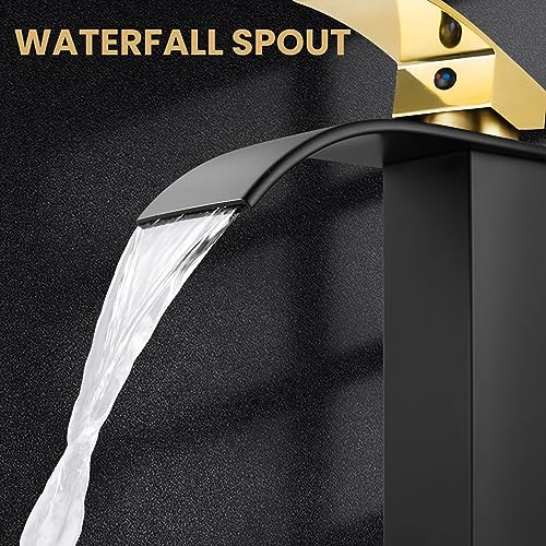 Airuida Brushed Gold Tall Waterfall Bathroom Vessel Sink Faucet Modern Bathroom Vanity Faucet Single Handle Single Hole Farmhouse Bar Mixer Tap Washbasin Faucet Deck Mount