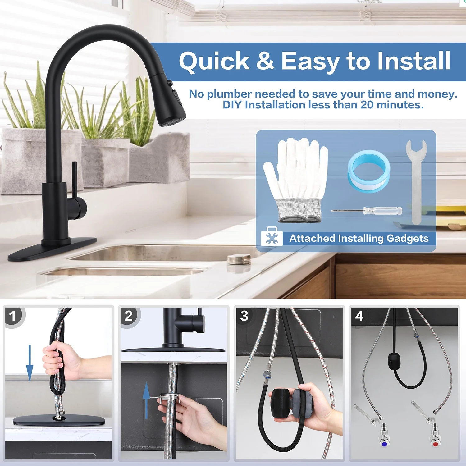 Vesteel Kitchen Sink Faucet with Pull Down Sprayer, 18/10 Stainless Steel Matte Black Kitchen Tall Water Faucet Brushed Nickel, Single Handle & Deck Plate