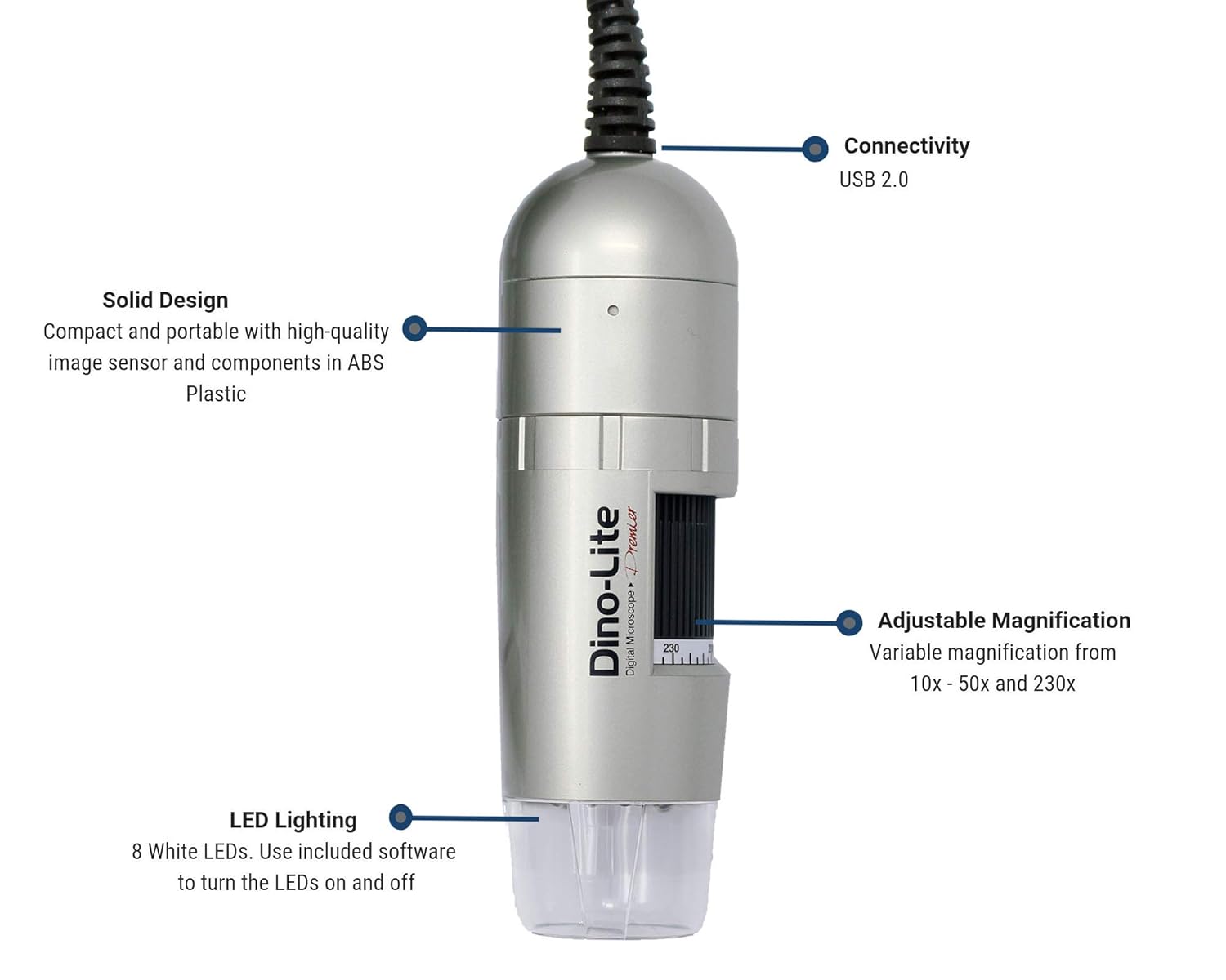 Dino-Lite USB Digital Microscope AM3111-0.3MP, 10x - 50x, 230x Optical Magnification, 8 LEDs