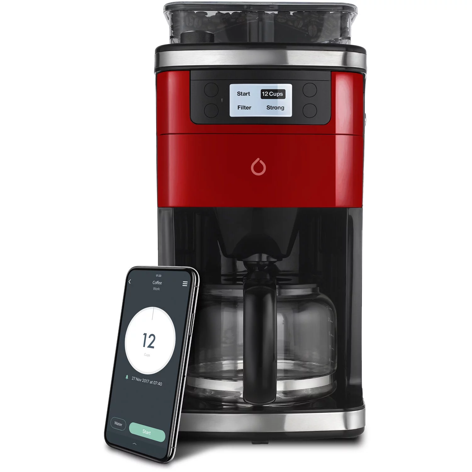 Smarter Brand iCoffee Brew Coffee Maker with Built-in Grinder and Smarter App, Red, New