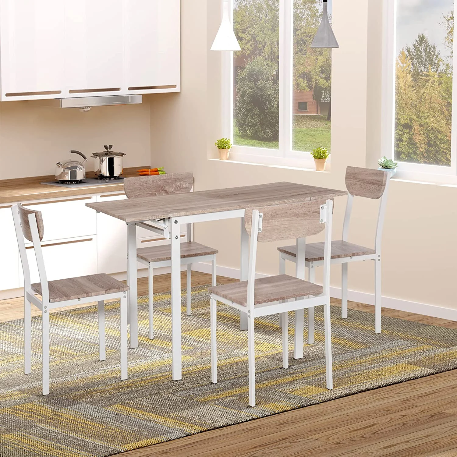 Modern Dining Table Set for 4, 5-Piece Kitchen Table Set, Rectangular Extendable Dining Table with 2 Drop Leaf, 4 Chairs for Kitchen, Dining Room, Dinette, Breakfast Nook