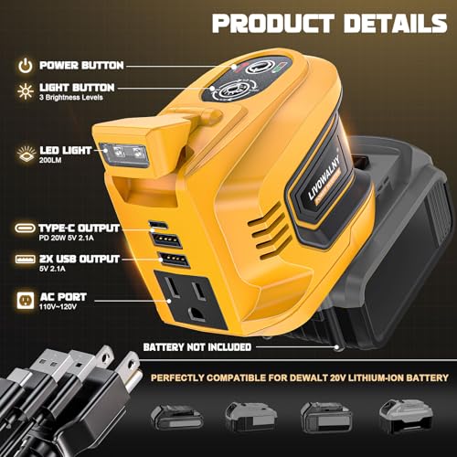 200W Power Inverter for Dewalt 20V, DC 20V to AC 110-120V Battery Inverter, Portable Power Station Generator, Charger Adapter Battery Powered Outlet with 2 USB Ports & 1 Type-C & 1 AC Outlet