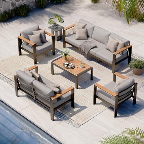 Aluminum Outdoor Patio Furniture Set with Coffee Table, 4 Piece Patio Conversation Sets with Washable Thick Cushions, Patio Sectional Furniture Set for Porch, Balcony, Deck, Gray