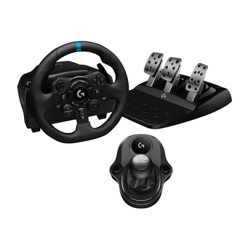 Logitech G923 Racing Wheel and Pedals, TRUEFORCE up to 1000 Hz Force Feedback, Gaming Steering Wheel PS5, PS4, PC, Mac, Genuine Leather- Black