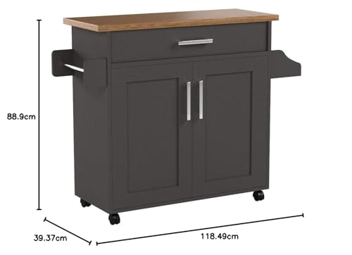 Hodedah Rolling Wood Kitchen Island Cart with Spice Rack, Towel Rack, Utensil Drawer plus Cabinet, White with Beech Top