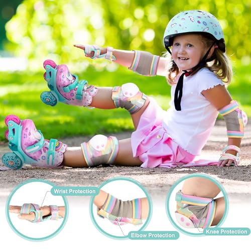 SULIFEEL Rainbow Unicorn Knee Pads for Kids Knee Elbow Pads Wrist Guards with Drawstring Bag Adjustable Protective Gear Set for Girls Roller Skating Bike Cycling Skateboard Scooter Dazzling Small