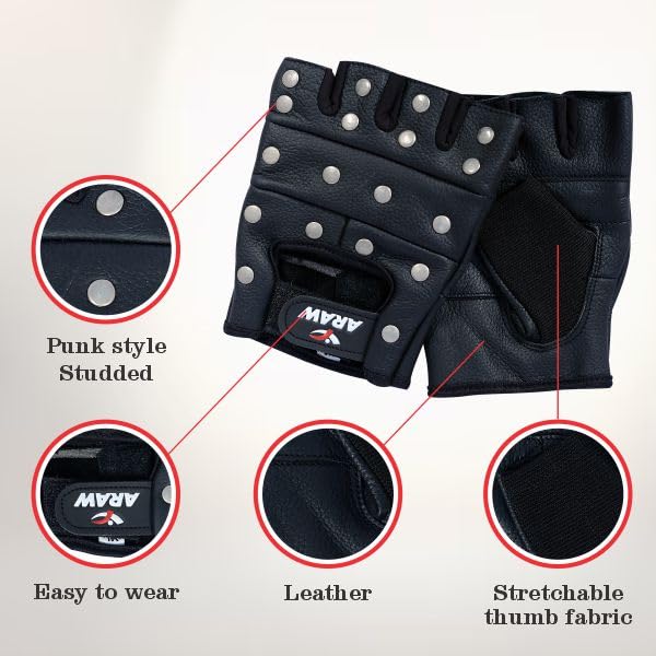 ARAW Fingerless Leather Gloves, Breathable Gloves for Men and Women, Fitness Gloves, Biker Gloves, Motorcycle Hand Gloves, Driving, Cycling, Gym