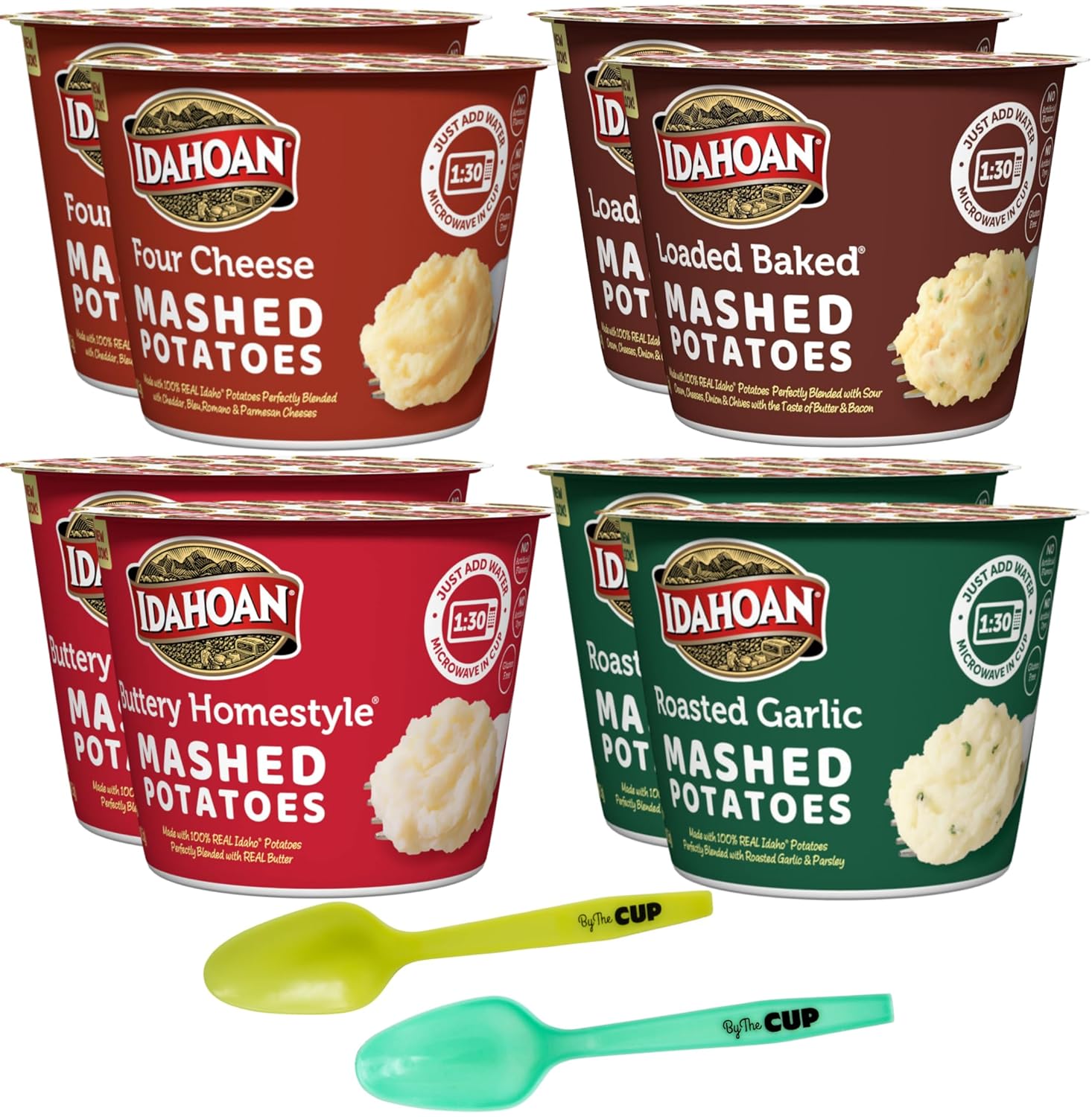 Idahoan 4 Flavor Mashed Potatoes Microwavable Bowls Variety, 2 of each Flavor (Pack of 8) with By The Cup Mood Spoons