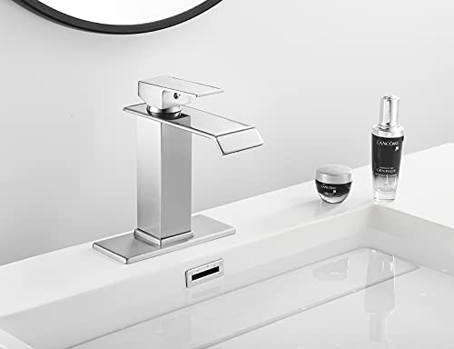 White Gold Faucet Bathroom Vessel Sink Golden Waterfall Spout Faucet Single Handle Bowl Sink Faucet Modern Single Hole Basin Vanity Tall Bathroom Sink Faucet with Pop Up Drain Stopper Supply Hose
