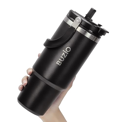 BUZIO 30 oz Tumbler with Handle, Insulated Tumbler with1 2-in-1 Lid and Straw, Stainless Steel Vacuum Insulated Iced Coffee Tumbler Cup Water Bottle for Water, Iced Tea or Coffee, Smoothie