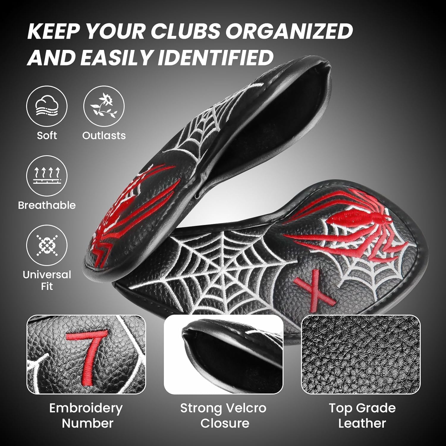 FINGER TEN Golf Iron Head Covers Value 8/11/12 Piece Set, Synthetic Leather Deluxe Club Headcover, Universal Fit Main Iron Clubs Gift Set (1 Side-Black Spider)