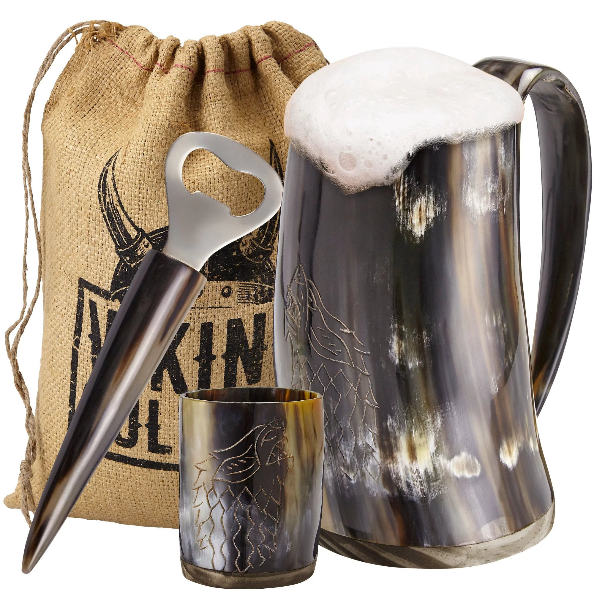 Viking Culture Ox Horn Mug, Shot Glass, and Bottle Opener (3 Piece. Set) 16-oz. Custom Intricate Design - Polished Finish