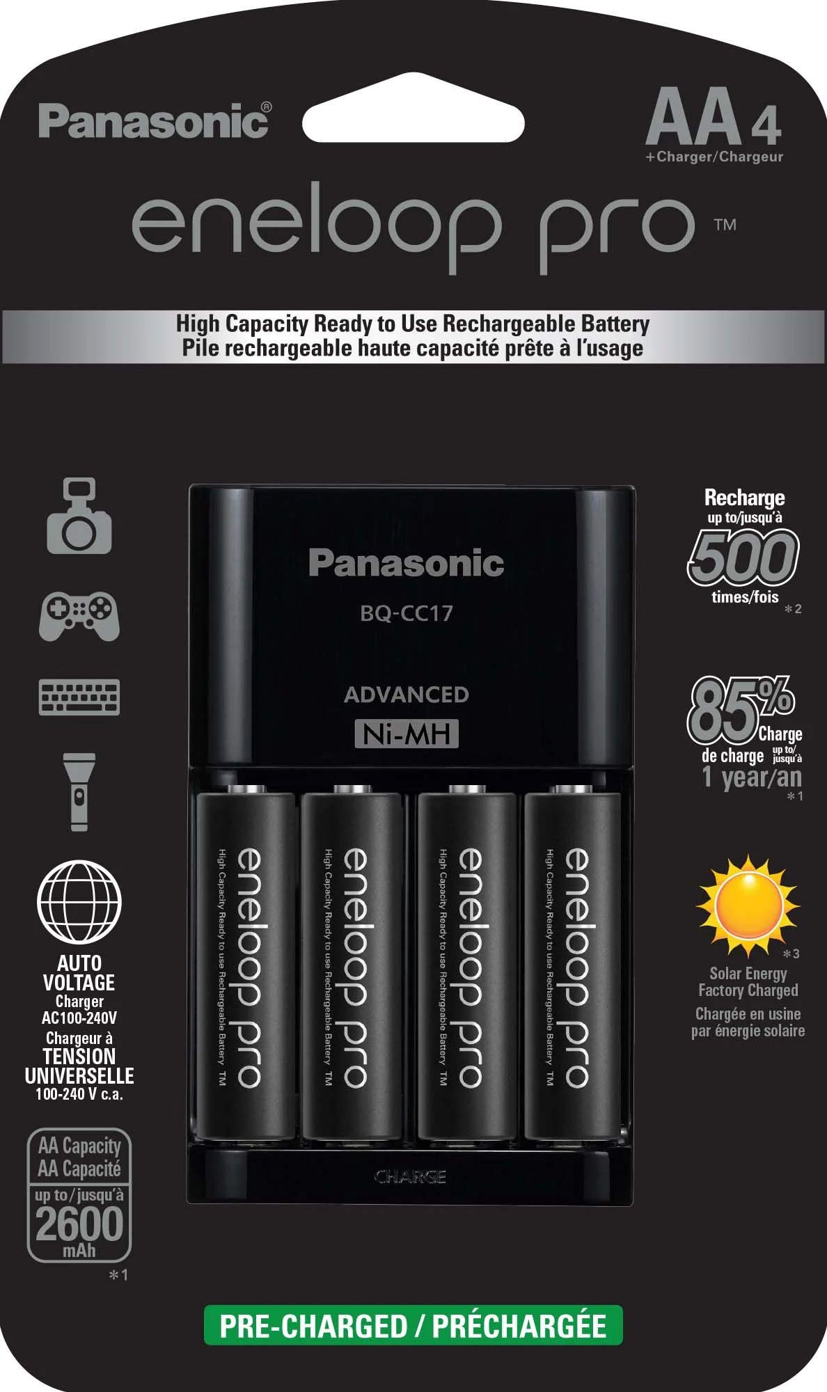 Panasonic Eneloop Pro Battery Charger with 4-Pack AA High Capacity Rechargeable Batteries