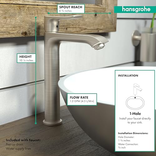 hansgrohe Metris Modern Timeless Easy Clean 1 1-Hole Bathroom Sink Faucet in Brushed Nickel, 31183821