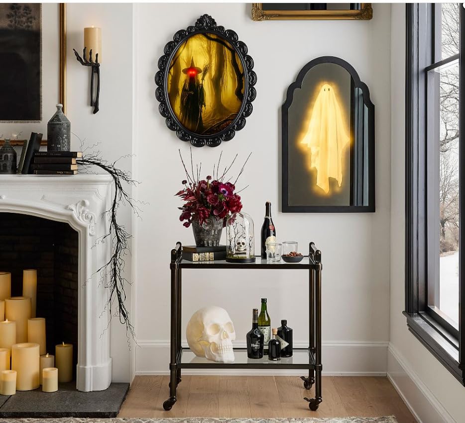 Halloween Hologram Ghost Mirror Decoration, LED Illuminated Haunted Decor, Black Frame (Style 1, Small(14